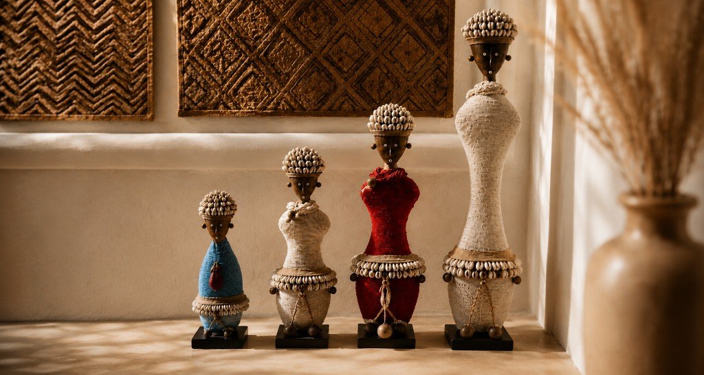 Four handcrafted Namji dolls of varying heights displayed on a warm contemporary console, with African textile wall art above and a blurred ceramic vase to the right