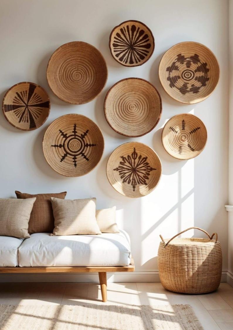 African woven baskets arranged on a sunlit interior wall above a linen daybed