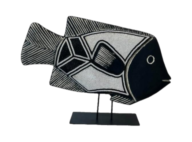 Beaded fish sculpture on a stand, a decorative African object from the Roots Gallery collection