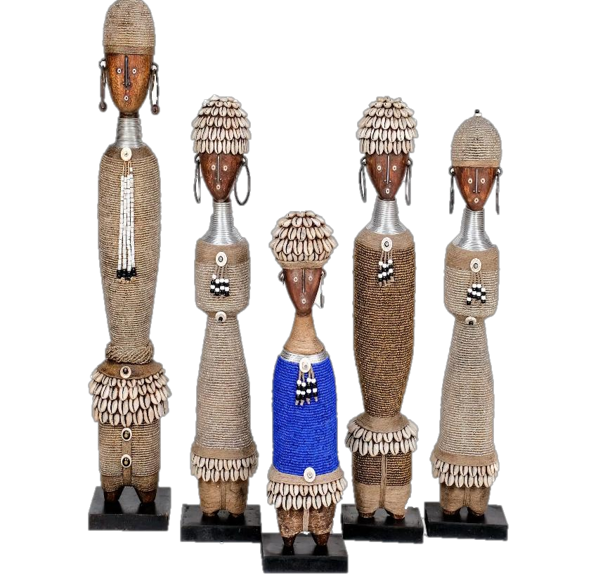 Five handcrafted Namji dolls of varying heights, beaded and adorned with cowrie shells