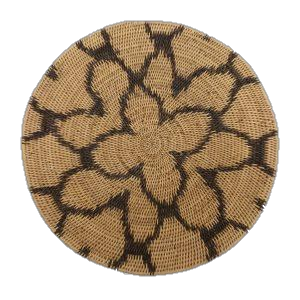 Handwoven African round bowl basket with a floral motif in natural fibres